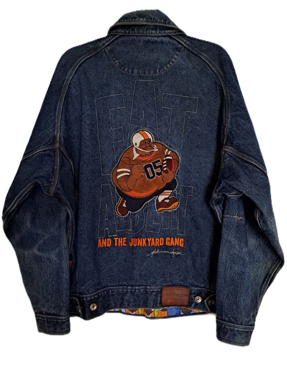 Vtg FUBU Platinum Fat Albert Denim Jacket Mens XL Blue Orange Stitch 90s Hip Hop
